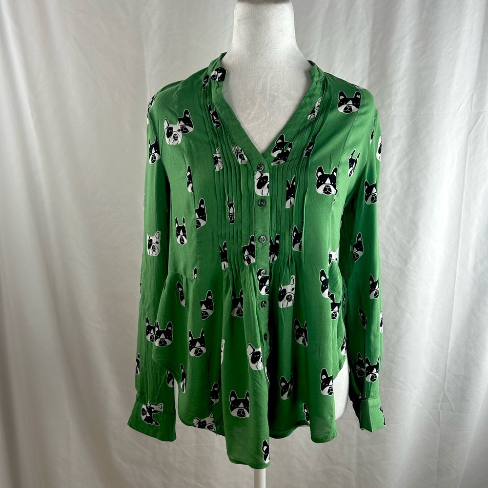 Anthropologie Maeve Green French Bulldog Blouse size 4 EUC